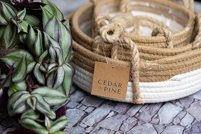 CEDAR+PINE 3-Tier Lined Hanging Fruit Basket Natural Woven Cotton with Strong Jute Rope Hanger in Gift Box Modern Hanging Basket for Kitchen