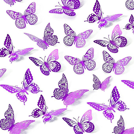 SAOROPEB 3D Butterfly Wall Decor - 48 Pcs, 4 Styles, 3 Sizes - Purple Butterfly Decorations for Birthday Parties, Removable Stickers