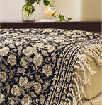 Handmade Cotton Throw Blanket, Floral Block Print, Black and Beige Wrap, 47x71 inches Decorative Woven Throw with Tassels
