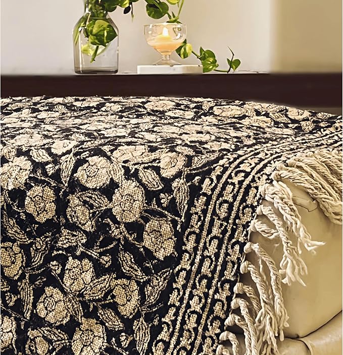Handmade Cotton Throw Blanket 48x70 Inches | Black & Beige Floral Block Print Decorative Sofa Throw with Tassels | Large Lightweight Cotton Bedspread for Living Room, Couch, or Bedroom
