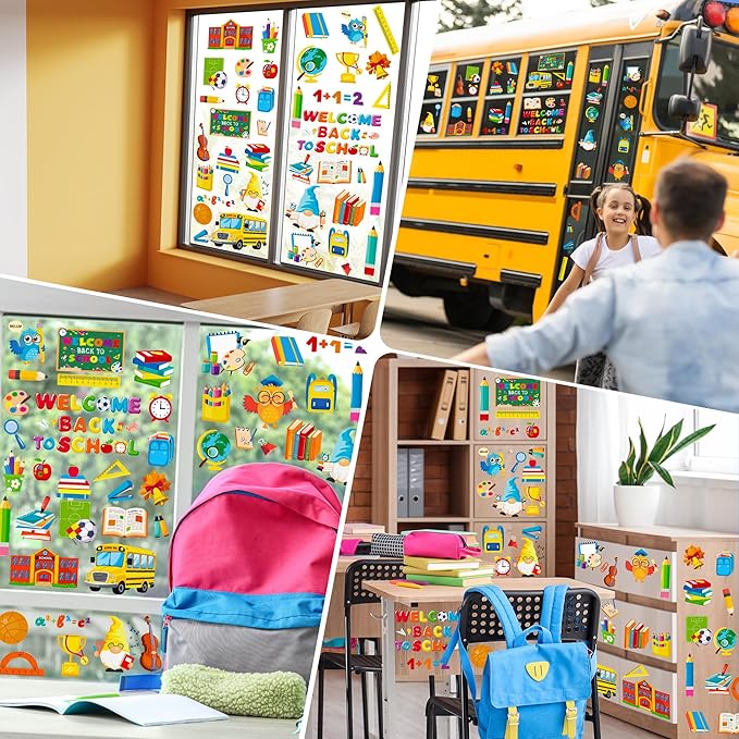 9 Sheets Back to School Window Clings, Double-Sided Window Clings for Classroom, Bus Apple Pencil First Day of School Book Window Stickers for First Day of School Decorations Supplies Decor