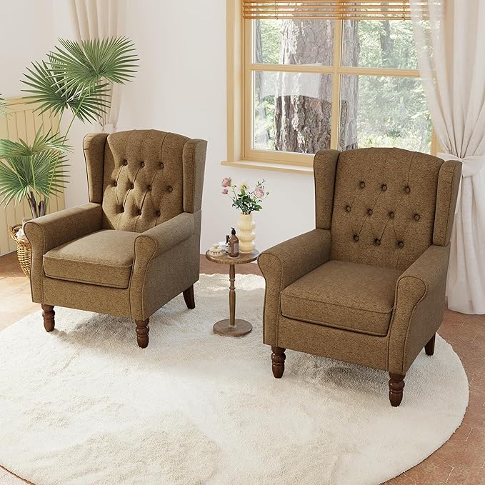 Lumibee High Back Accent Chair Set of 2,Upholstered Wingback Armchair with Solid Wood Legs for Small Spaces,Comfy Single Sofa Chair for Living Room,Bedroom,Office-Brown