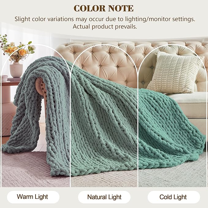 Carriediosa Chunky Knit Throw Blanket 50" X 60", 100% Hand Made Large Chenille Loop Yarn Soft Fluffy Throws for Couch Sofa Bed, Big Crochet Cozy Heavy Thick Cable Woven Blanket, Sage Green