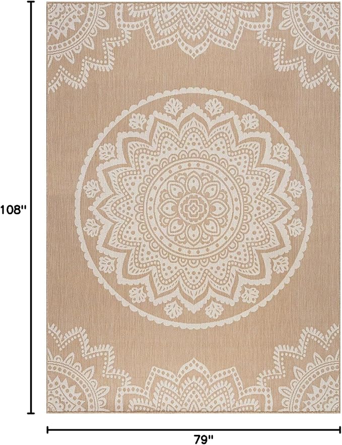 CAMILSON Outdoor Rug 6x9 Modern Area Rugs for Indoor and Outdoor Patios and Porches - Waterproof, Washable, Non-Shedding, Easy-to-Clean Outside Carpet (6 x 9, Medallion - Beige/White)