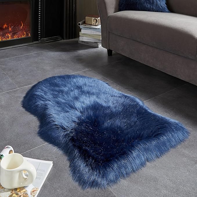 AMTOVO Faux Fur Rug, Dark Blue Small Area Rug, Fluffy Sheepskin Rug, Fuzzy Ultra Soft 2 x 3 ft Shag Rugs for Bedroom Sofa Throw Cushion Room Decor, Sheepskin
