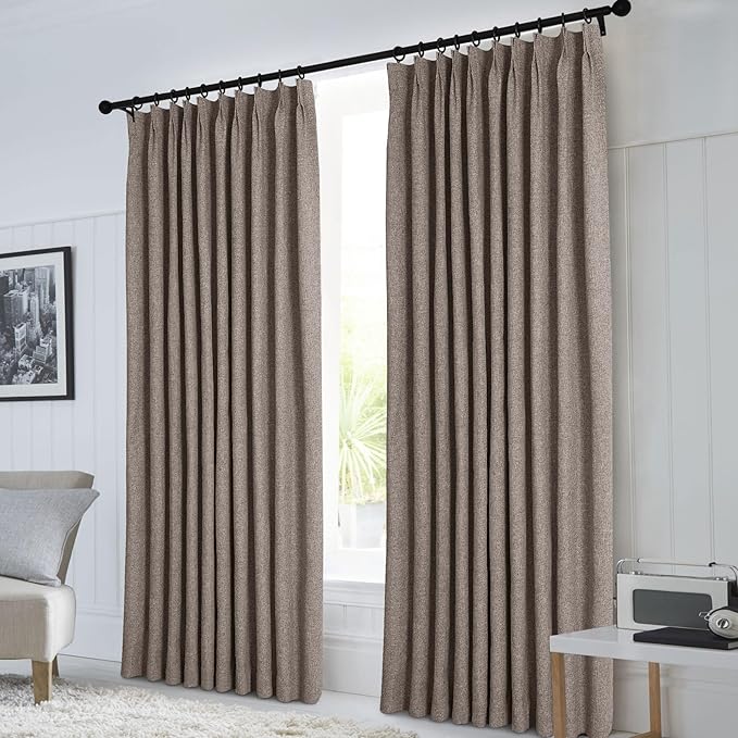 Macochico 100% Blackout Pinch Pleated Linen Curtains 84 Inch Length Thermal Blackout Curtains for Bedroom Living Room Nursery Light Coffee Farmhouse Burlap Curtains with Tieback 52”Wx84”L 1 Panel