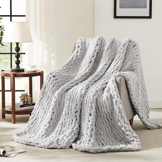 L'AGRATY Chunky Knit Blanket Throw: 72''x84'' Chenille Chunky Knitted Throw Blanket for Bed Couch - Handmade Thick Big Cable Knit Blanket - Large Chunky Crochet Rope Blanket for Home Decor(Grey)