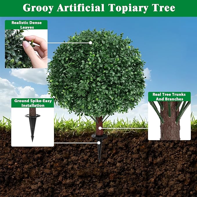 Artificial Boxwood Topiary Ball Tree with Ground Spike, Set of 2 Artificial Shrub Bushes, Fake Evergreen Tree for Porch, Artificial Plants for Outdoor Planters Indoor UV Resistant
