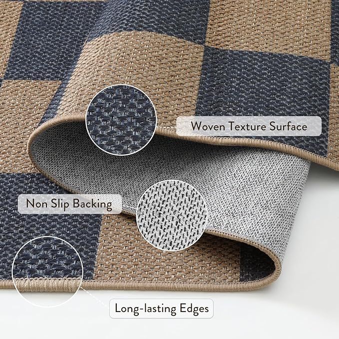 Lahome Checkered Easy Jute Living Room Rugs, 5x7 Dining Room Office Rug Farmhouse Outdoor Patio Carpet, Checkerboard Washable Non Slip Indoor Outdoor Blue Carpet for Backyard Entry Deck