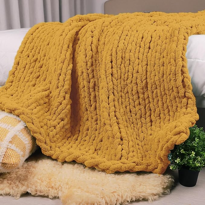 Carriediosa Chunky Knit Throw Blanket 50" X 60", 100% Hand Made Large Chenille Loop Yarn Soft Fluffy Throws for Couch Sofa Bed, Big Crochet Cozy Heavy Thick Cable Woven Blanket, Yellow