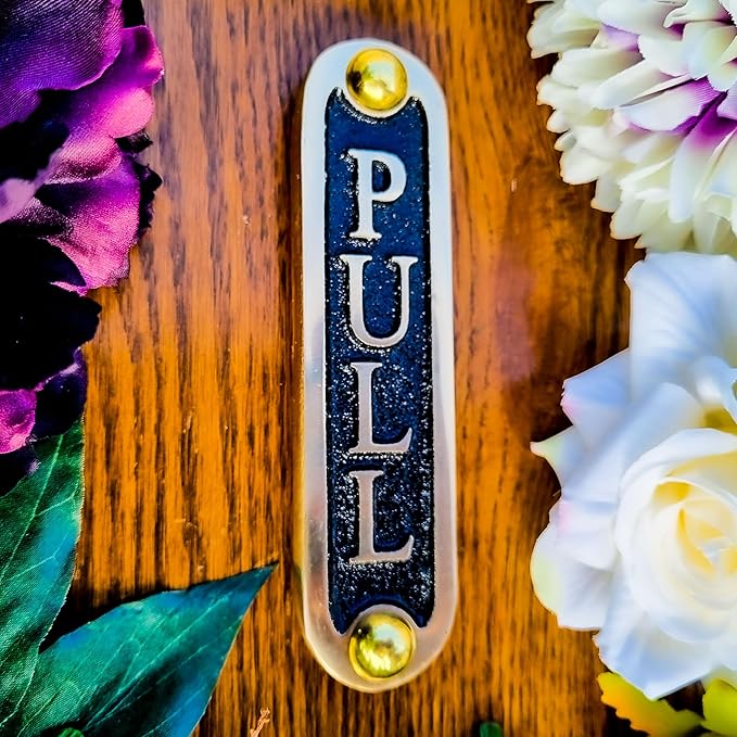 PULL Brass Door Sign. Traditional Style Home Décor Wall Plaque Handmade By The Metal Foundry UK.