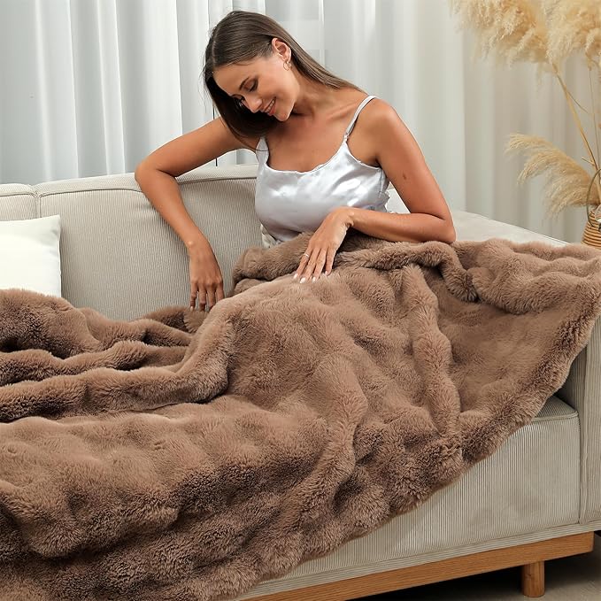 RYNGHIPY Faux Rabbit Fur Throw Blanket Ruched Plush Fuzzy Blanket for Couch Bed Sofa Heavy Warm Comfy Throws for Living Room Bedroom Machine Washable (Solid Brown, 63''x79'')