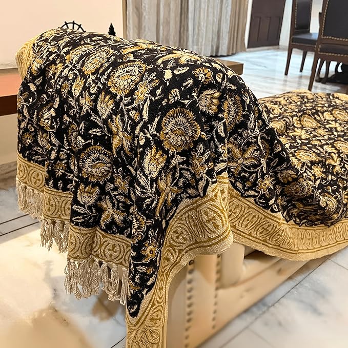 Bohemian Floral Cotton Throw Blanket with Tassels | 48x70 Inch Handblock Printed Sofa Throw | Black & Gold Decorative Bed Cover | Lightweight Couch Throw for Living Room & Bedroom
