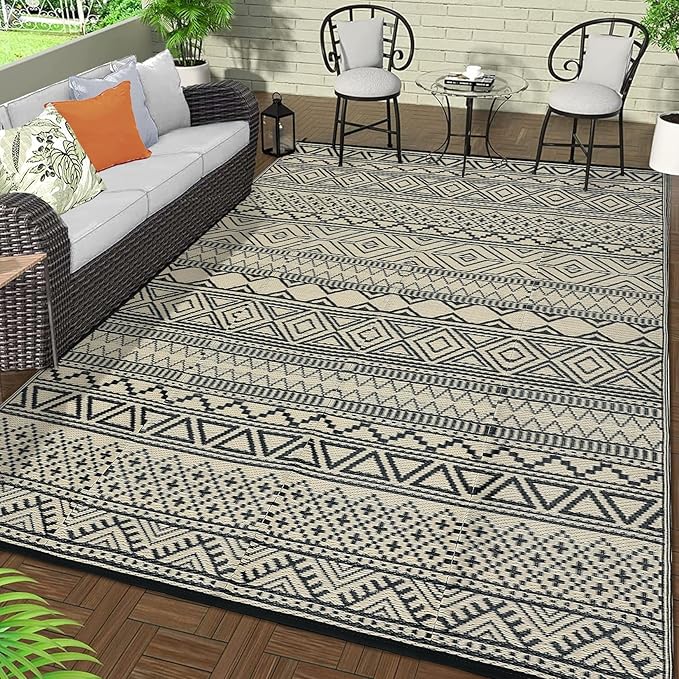 GAOMON Outdoor Rug Waterproof 8'x10', Reversible Outdoor Plastic Straw Rug, Boho Patio Rug, Indoor Outdoor Carpet, RV Mat Outside for Patio, Camp, Picnic, Balcony, Deck, Black/Coffee(Bohemia)