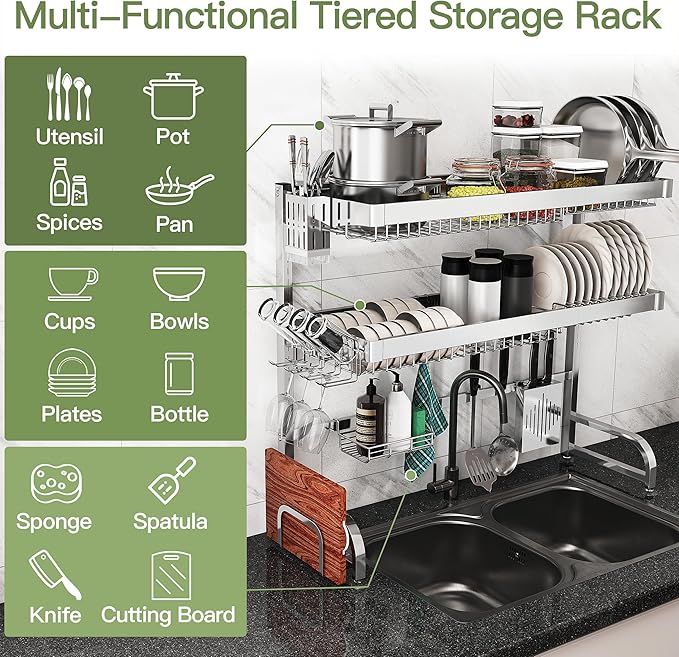3 Tier Extra Large Stainless Steel Expandable Over The Sink Dish Drainer Drying Rack, Rust Proof Metal, Space Saving, Modern Silver Big Capacity Extendable Plate Strainers Above Kitchen Counter