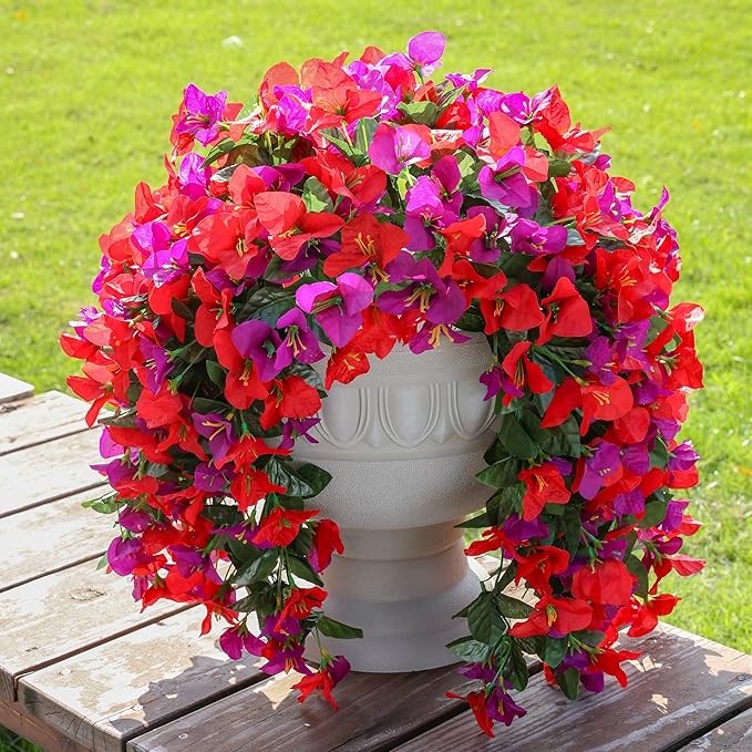 Faux Bougainvillea Artificial Flowers Plants for Outdoors Outside Decoration, 2pcs Fake Flowers Silk Long Trailing Vines UV Resistant Realistic for Front Door Porch Planter Urn Patio Balcony Yard, Mix