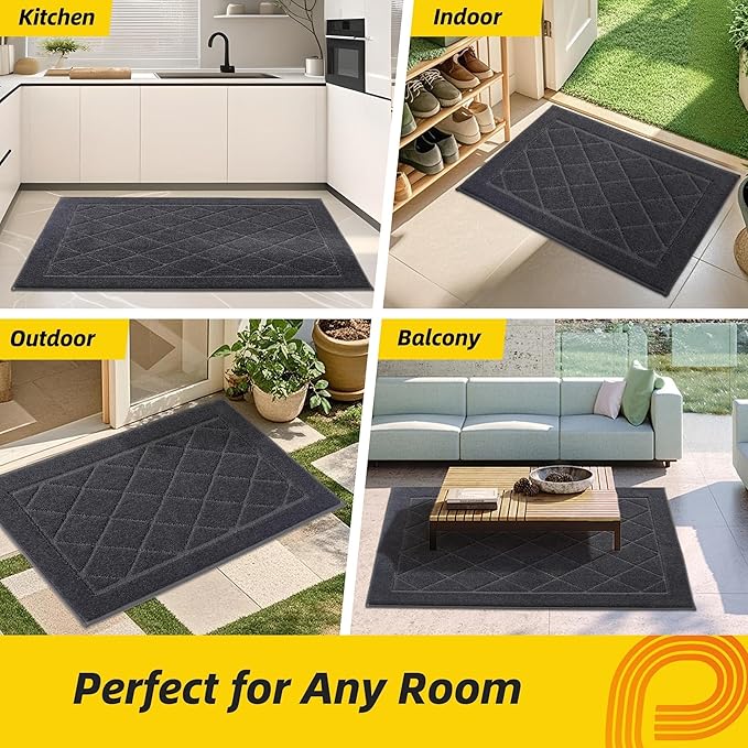 JSEI Dirt Trapper Door Mat 20"x32", Non-Slip Washable Entryway Mats, Dog Door Mat, Stain Resistant and Absorbent Floor Mats, Low Profile Welcome Mat for Front Back Door, Dark Grey