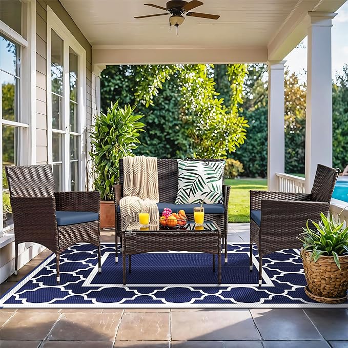 GENIMO 3' x 5' Outdoor Rug Waterproof for Patio Decor, Foldable Reversible Plastic Straw Area Rugs Mat for Camper, Outside Carpet for Rv, Deck, Porch, Picnic, Beach, Balcony, Blue & White