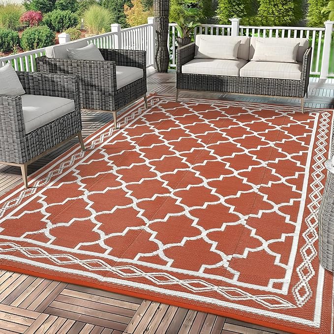 GAOMON Outdoor Plastic Straw Rug, 10'x14' Reversible Sage Green Patio Mat, Flower Modern Design for RV, Backyard, Deck, Camping, Picnic, Orange/White(Geometric)
