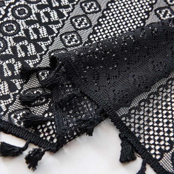 Sutuo Home Black Boho Valance Curtains Crochet Lace Sheer Bohemian Hollow Knitted with Tassels, Privacy Vintage Mid Century Farmhouse Tier for Kitchen, Rod Pocket 1 Panel,59" W x 36" L