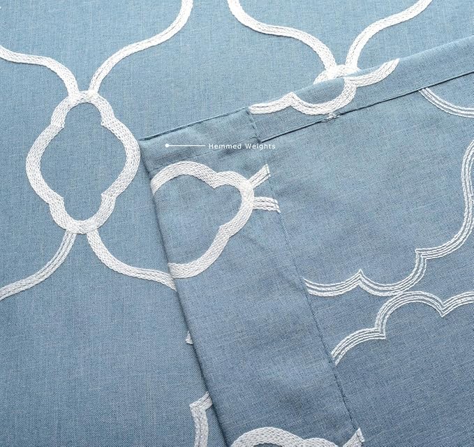 Miuco Moroccan Embroidered Semi Sheer Curtains Faux Linen Grommet Curtain Set for Bedroom 52 x 95 Inch, Dusty Blue