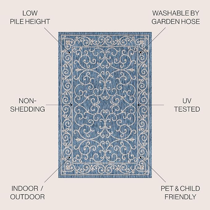 JONATHAN Y Vintage Filigree Indoor Outdoor Round Area Rug 8 Ft Navy/Gray, Charleston Textured Weave for Backyard, Patio, Porch, Easy-Cleaning, High Traffic, Pet-Friendly, Non-Shedding (SMB106D-8R)