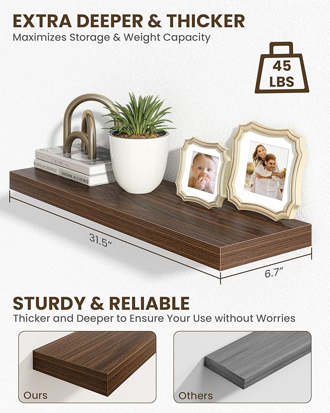 Marsmiles 31.5" Floating Shelves for Wall, Wooden Shelves with Invisible Brackets Set of 2, Rustic Farmhouse Wall Mounted Shelf for Kitchen Bathroom Living Room Study, Walnut