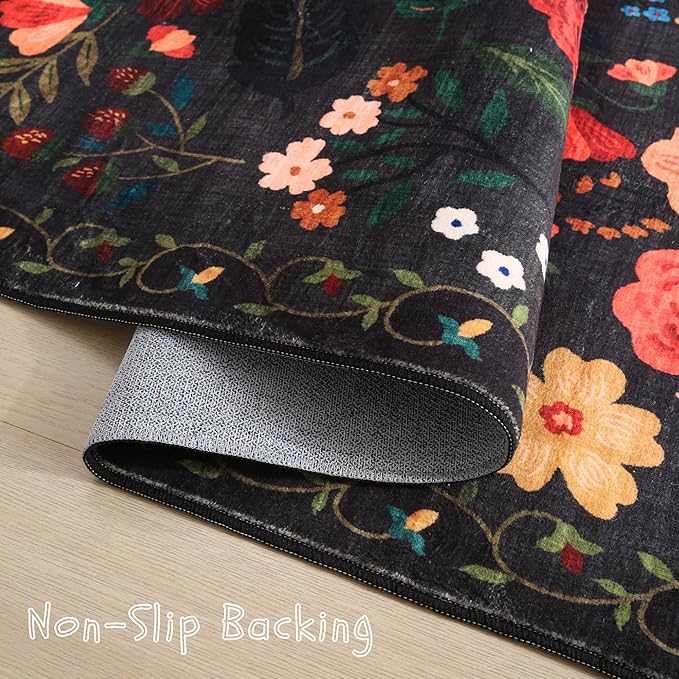 Living Room Rug 5x7 Rug Machine Washable Boho Area Rug Non Slip Floral Vintage Low Pile Large Rugs for Living Room, Bedroom, Farmhouse, Dining Room, Kids Playroom(Black)