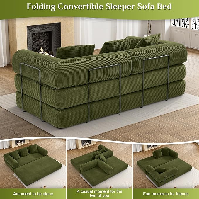 80.3" Convertible Sleeper Sofa Bed with Cylindrical Pillow, Corduroy Folding Mattress Couch with Fixed-Shape Frame, Modular Floor Sofa Lounge Couch for Living Room Bedroom Lounge, Green