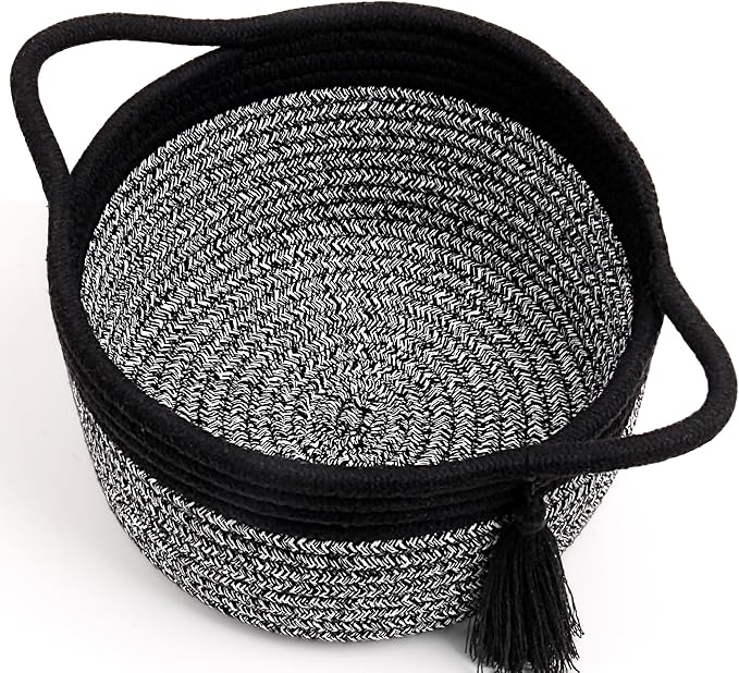 Small Gift Basket Empty to Fill – SweetMemo Mini Woven Rope Organizer Baskets for Gifting, Baby Shower, Desk, Bathroom, Shelves – Decorative Soft Bin with Gift Bag & Ribbon – Black Grey