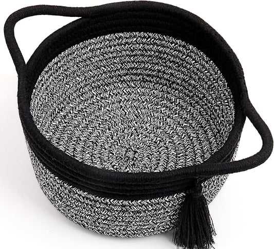 Small Gift Basket Empty to Fill – SweetMemo Mini Woven Rope Organizer Baskets for Gifting, Baby Shower, Desk, Bathroom, Shelves – Decorative Soft Bin with Gift Bag & Ribbon – Black Grey
