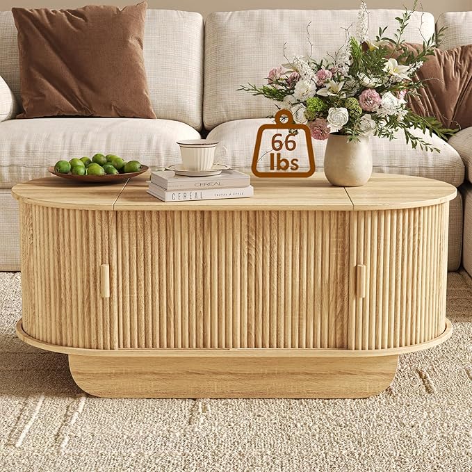 Fluted TV Stand and Coffee Table Set of 2,86.61'' TV Console for 55-85 Inch,Modern Entertainment Center with Large Storage Cabinet,Lift Top Coffee Table for Living Room, Bedroom, Natural