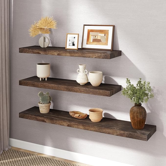 RICHFOCUS Elm Floating Shelves for Wall - 36" W x 9.3" D Rustic Solid Wood Shelves with Invisible Bracket, Wall-Mounted for Living Room, Bedroom, Kitchen Storage & Display, Set of 2, Walnut