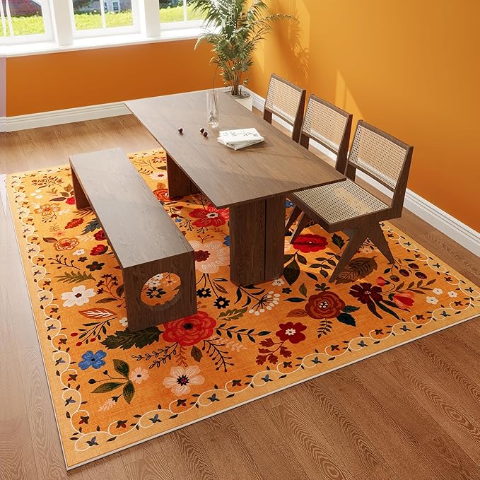 Living Room Rug 5x7 Rug Machine Washable Boho Area Rug Non Slip Floral Vintage Low Pile Large Rugs for Living Room, Bedroom, Farmhouse, Dining Room, Kids Playroom(Yellow)