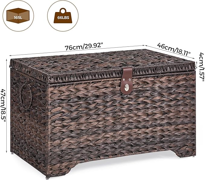 Handwoven Storage Basket with Lid, 165L Plastic Rattan Storage Bin, Leather Buckle & Metal Frame, Large Metal Ring Handles, Storage Trunk for Bedroom, Laundry Room