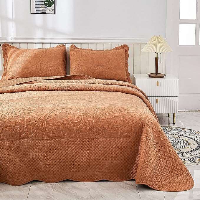 MarCielo 3-Piece 100% Cotton Oversized Bedspread Lightweight Quilt Coverlet Embroidery Farmhouse Bedding Set T0 (Royal Orange, Oversized King (118"x106"))