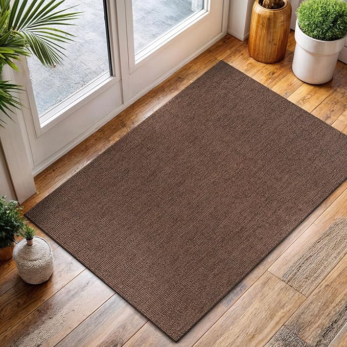 CAMILSON Easy Jute Rug 2x3, Indoor Outdoor Brown Color Fiber Area Rugs for Living Room and Kitchen Rug, Solid Boho Woven Design, Easy-Cleaning, Washable Outside Carpet Alfombras (2 x 3)