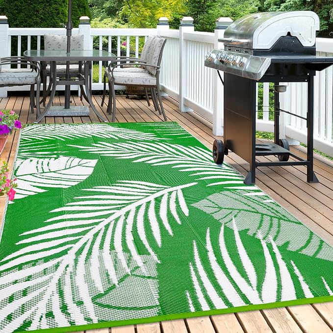 Waterproof Outdoor Rug 8x10ft, Green Leaf Reversible Plastic Straw Mat for Patio RV Deck Porch Backyard Balcony Camping Picnic Beach Indoor Outdoor Carpet, Green&White