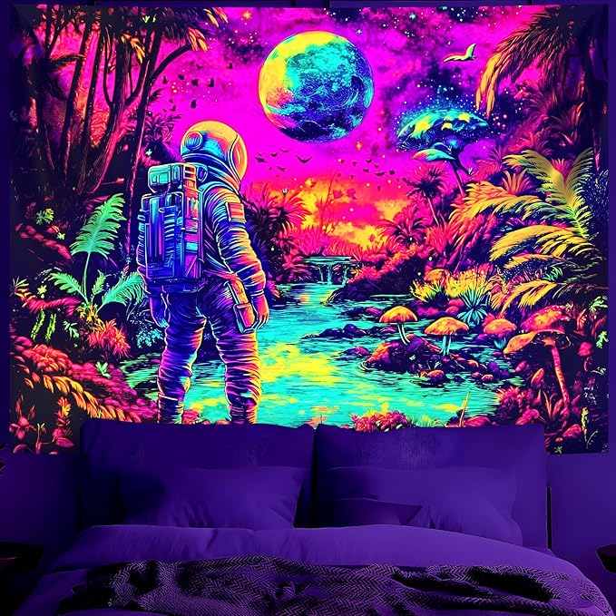 BVBOX Astronaut Space Blacklight Tapestry 79"x59", UV Reactive Astronaut Tropical Rainforest Universe Galaxy Planet Glow in Dark Tapestries, Black Light Neon Upright Poster Wall Hanging Backdrop Decor for Bedroom Living Room