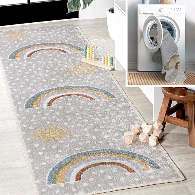 JONATHAN Y Machine-Washable Gray/Ivory/Yellow Runner Rug, 2x8, Minha Rainbow Dots, Kids & Novelty, Casual, Classic, Bedroom, Kitchen, Living Room, Easy-Cleaning, Non-Shedding (KDW102A-28)