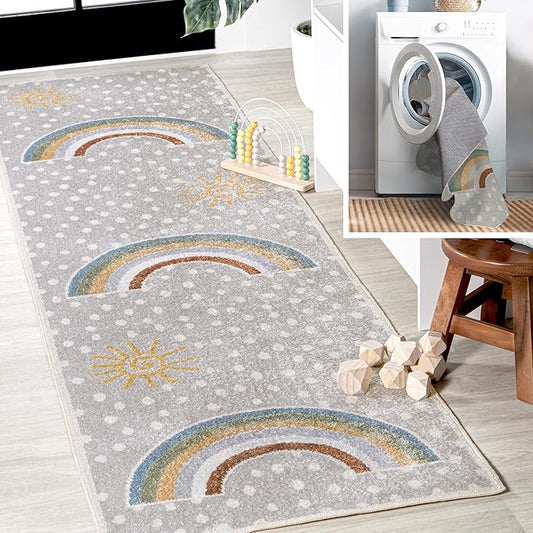 JONATHAN Y Machine-Washable Gray/Ivory/Yellow Runner Rug, 2x8, Minha Rainbow Dots, Kids & Novelty, Casual, Classic, Bedroom, Kitchen, Living Room, Easy-Cleaning, Non-Shedding (KDW102A-28)