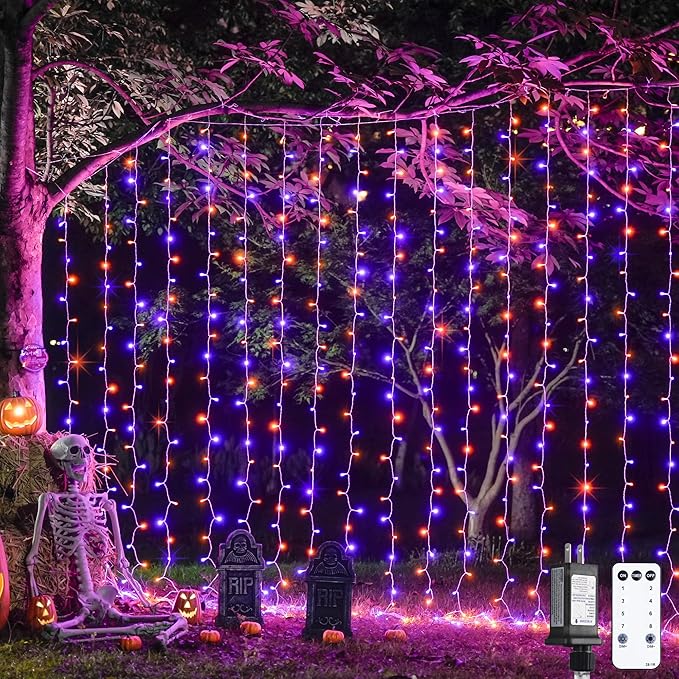 JMEXSUSS 300LED Orange and Purple Halloween Curtain Lights with Remote, 9.8x9.8ft Window Twinkle Hanging String Lights Plug in, Halloween Lights for Bedroom Wall Party Backdrop Indoor Outdoor Decor