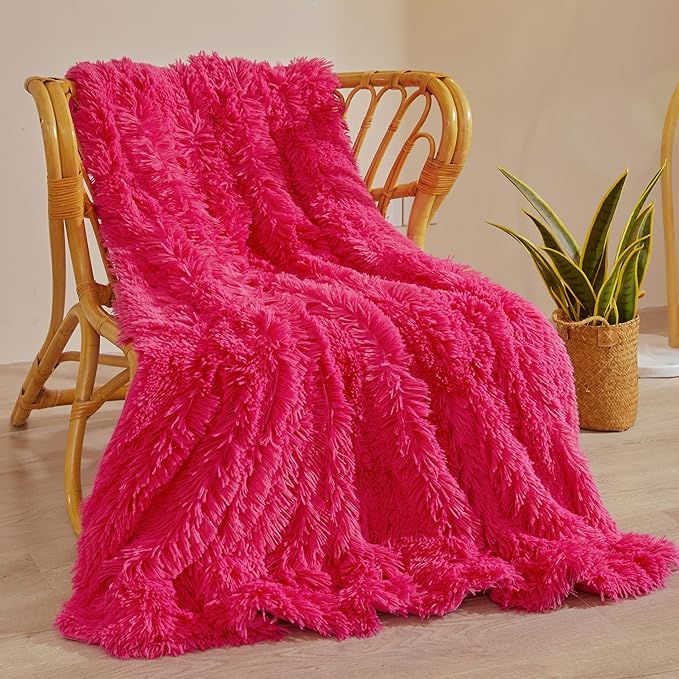XeGe Luxury Faux Fur Throw, Hot Pink Soft 50x60 Fluffy Blanket, Shaggy Plush Decorative Couch Throw, Cute Furry Fuzzy Office Lap Blanket for Bed Bedroom Living Room, Hot Pink