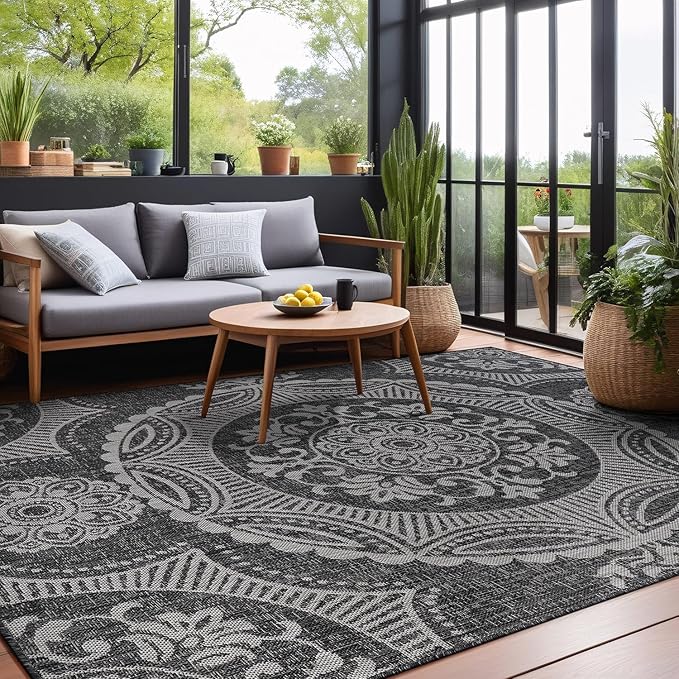 Medallion Outdoor Rug 9x12 Washable Outside Carpet for Indoor Patio Porch Waterproof Easy Cleaning Non Shedding Area Rugs Dark Gray 9 x 12