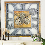The Gears Clock 24'' Inch Square Real Moving Gear Wall Clock Vintage Industrial Oversized Rustic Farmhouse (Wood and Stone)