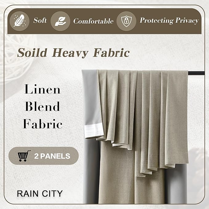 RAIN CITY Blackout Large Curtains for Living Room, 108 Inch Long, Full Light Blocking Linen Blend With Hooks, Pinch Pleat Look for Office Bedroom Apartment, 2 Panels, Taupe