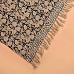 Handmade Cotton Throw Blanket 48x70 Inches | Black & Beige Floral Block Print Decorative Sofa Throw with Tassels | Large Lightweight Cotton Bedspread for Living Room, Couch, or Bedroom