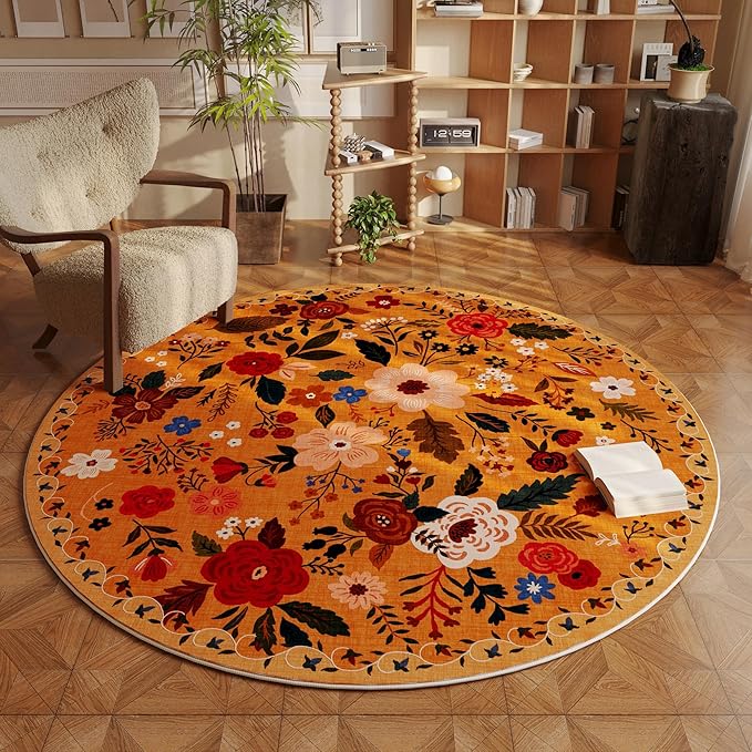 Round Rug 4ft Washable Circle Rug Non Slip Low Pile Boho Floral Small Circular Rug for Bedroom, Bathroom, Entryway, Kids Room, Office, College Dorm(Yellow)