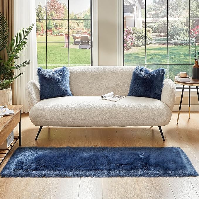 AMTOVO Faux Fur Rug, Dark Blue Ultra Soft Fluffy Shag Sheepskin Rug, 2 x 6 ft Runner Area Rugs for Bedroom Sofa Throw Cushion Room Decor, Rectangle