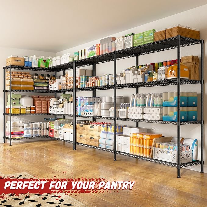 REIBII 69.8" W Storage Shelves 1250LBS Wire Shelving Unit 4 Tier Metal Shelving for Storage Rack Shelves Adjustable Heavy Duty Garage Shelf Pantry Shelves Kitchen Shelving, 69.8"Wx15.8"Dx62.9"H,Black